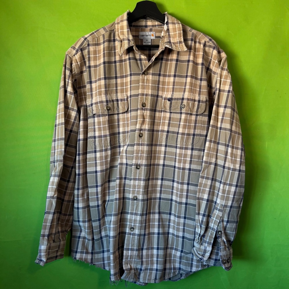 Carhartt Mens XL Plaid Button Down Shirt Long Sleeve Cotton Workwear Tan Olive